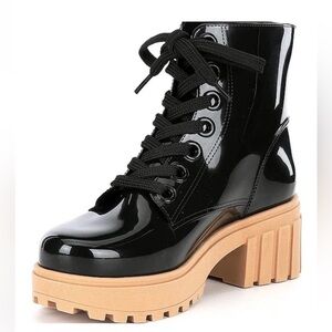 Gianni Bini Black Patent Lace-Up Boots with Tan Sole